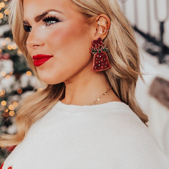 Jingle Bells Crystal & Seed Beaded Christmas Statement Earrings NEW - Picture 5 of 6